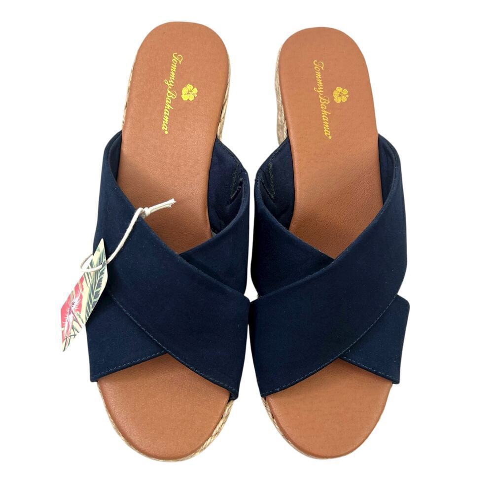 TOMMY BAHAMA Wedge Espadrille Cloth Sandal in Navy Blue & Beige Women's Size 10